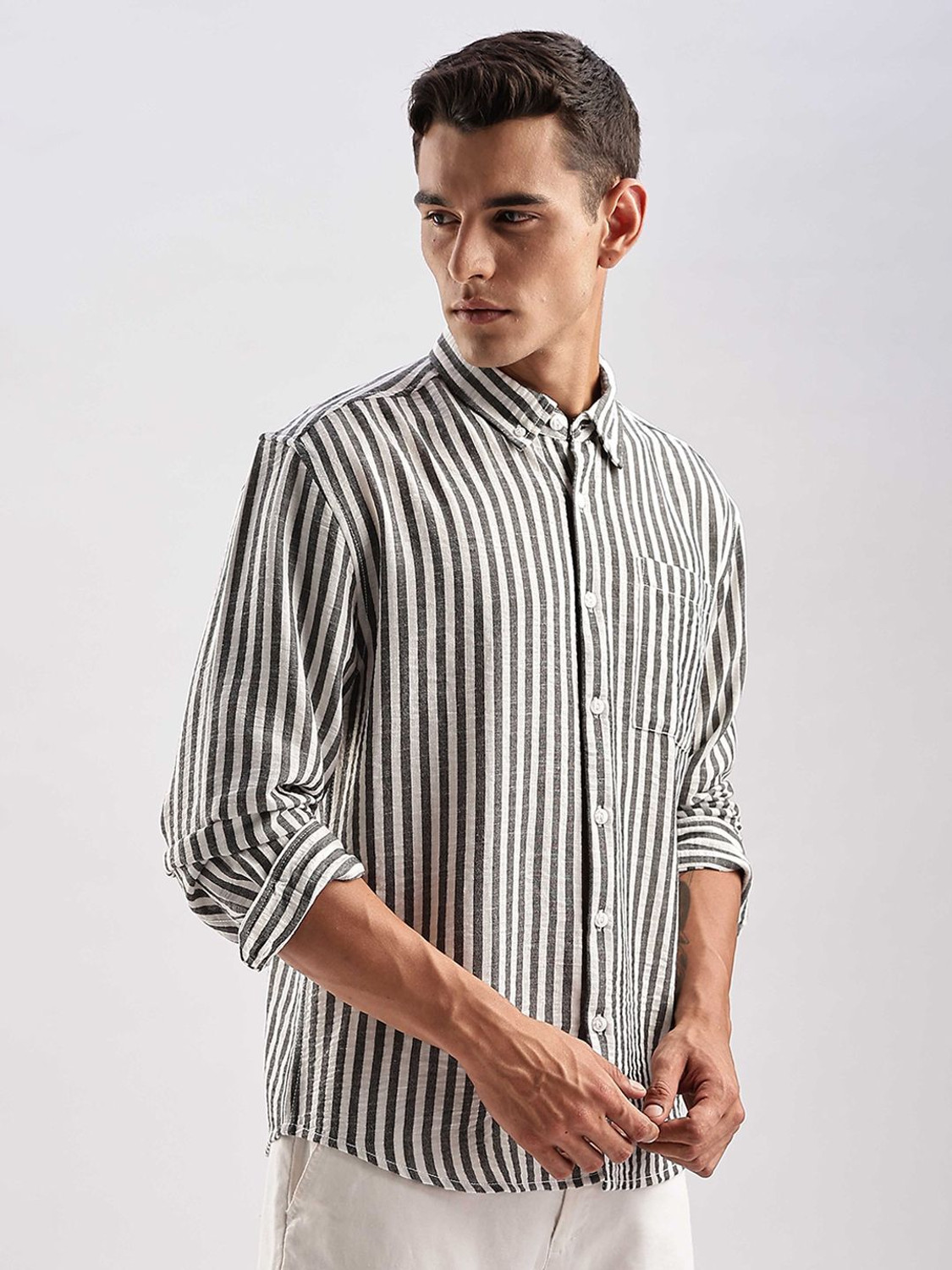 Image of HERE&NOW Men Striped Casual Grey Shirt