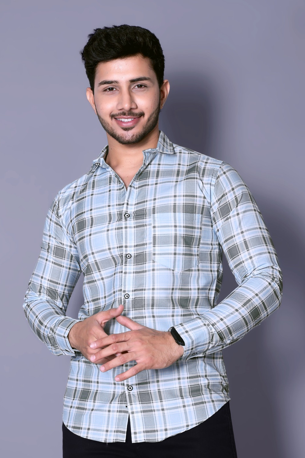 Image of Moudlin Men Checkered Casual Light Blue Shirt