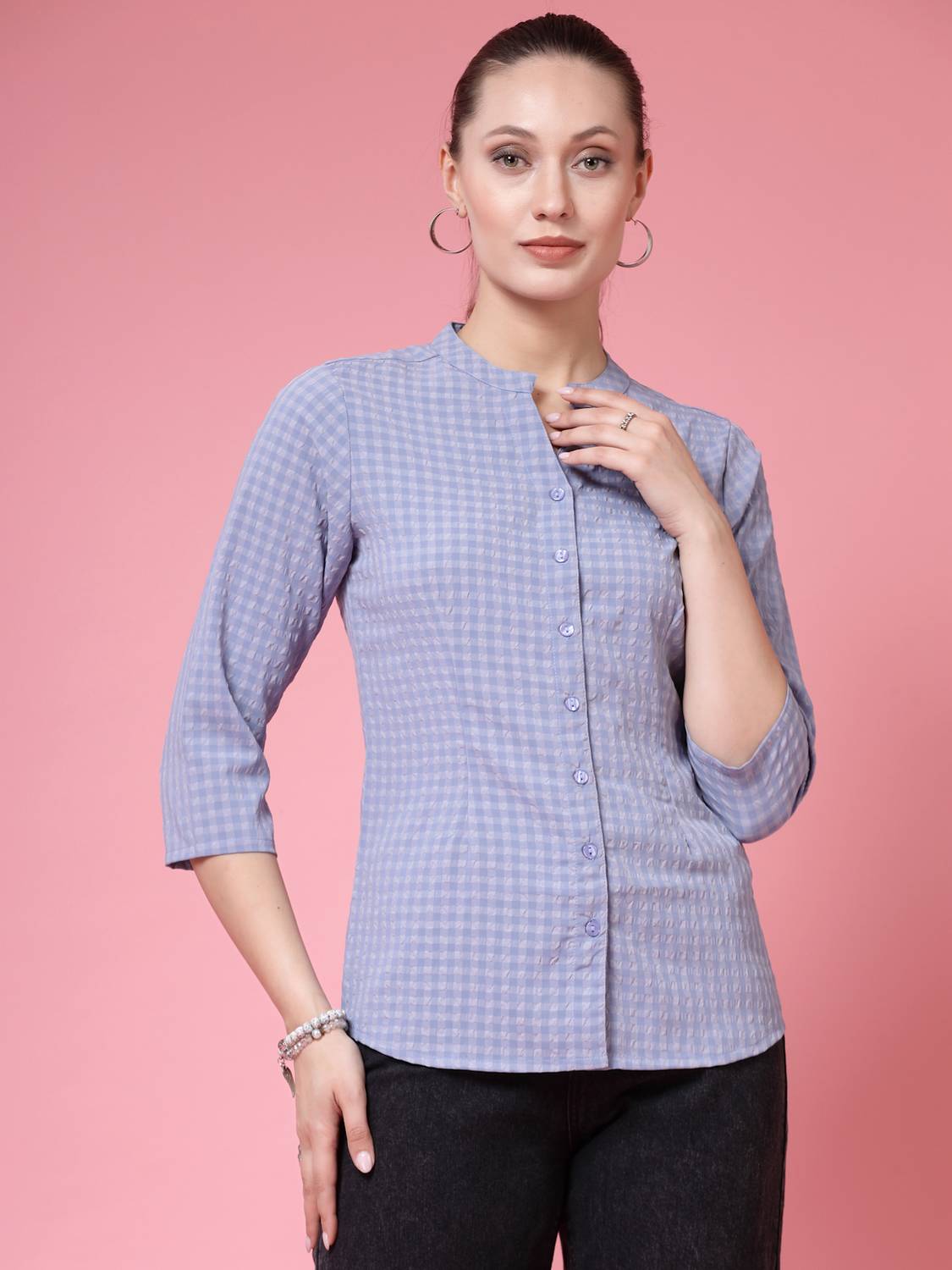 Being Naughty Women Checkered Casual Blue Shirt