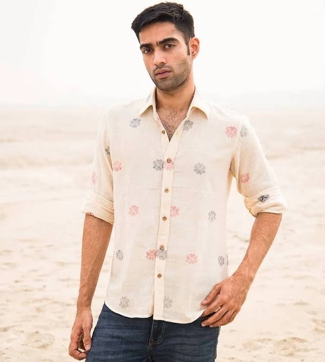 Alankrit Men Floral Print Casual Cream Shirt