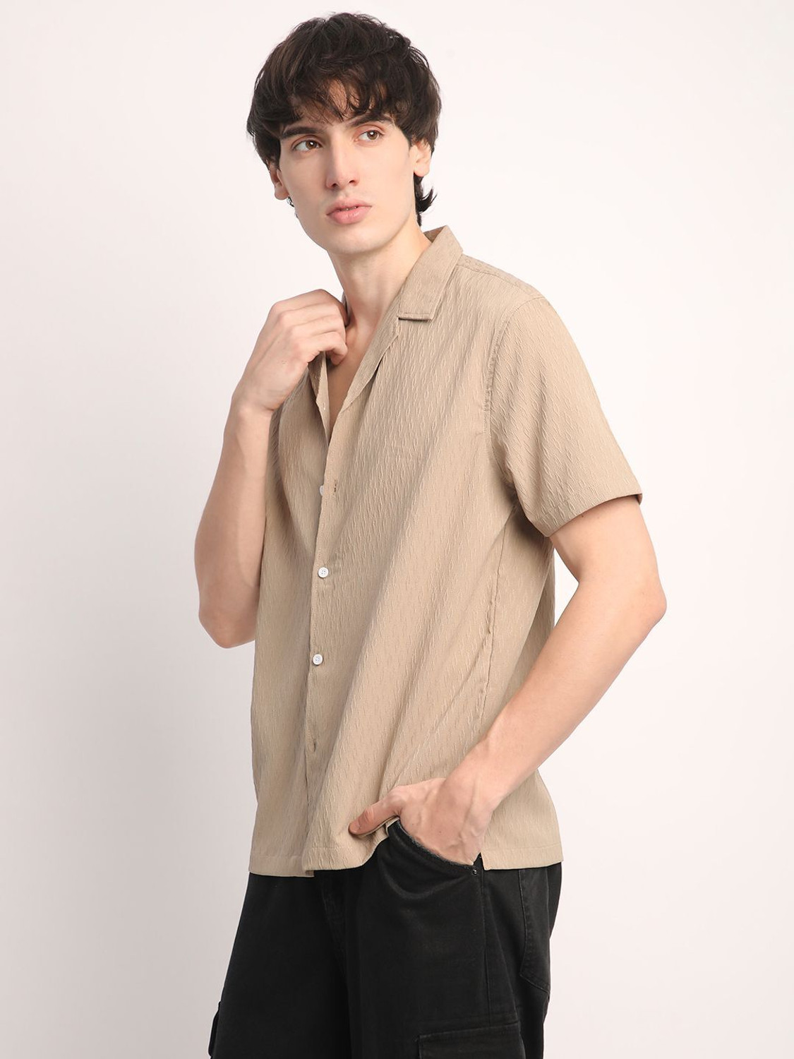Image of Voroxy Men Self Design Casual Khaki Shirt