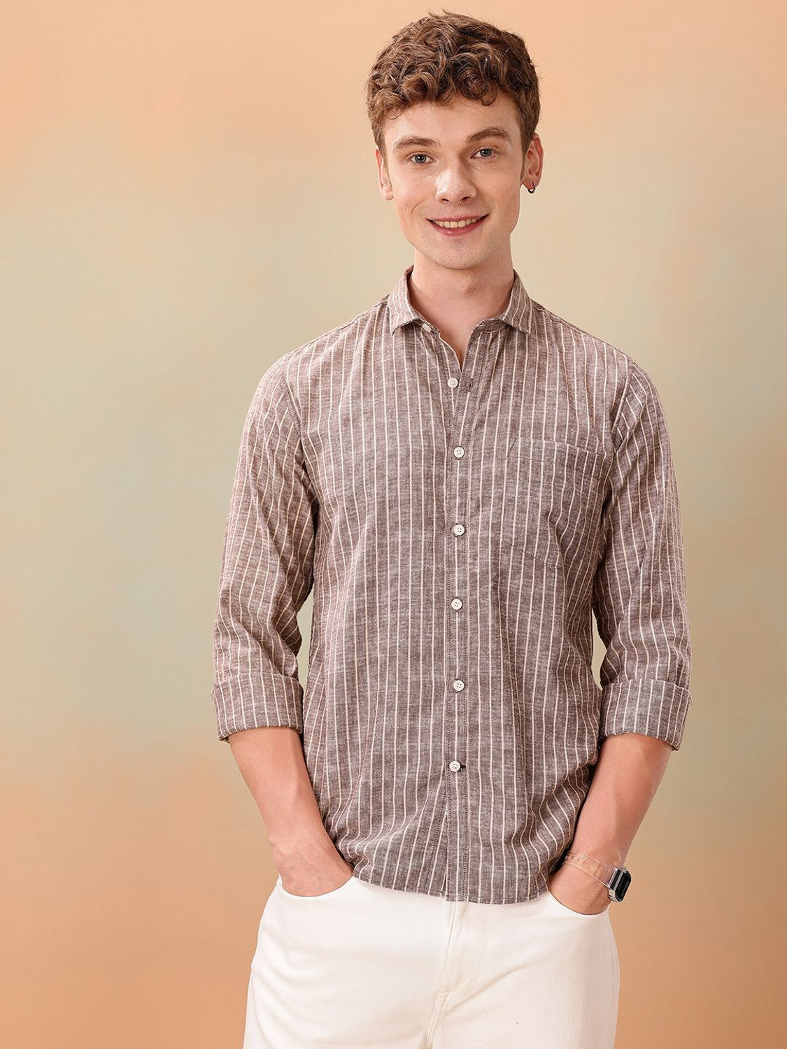 Image of Mast & Harbour Men Striped Casual Brown Shirt