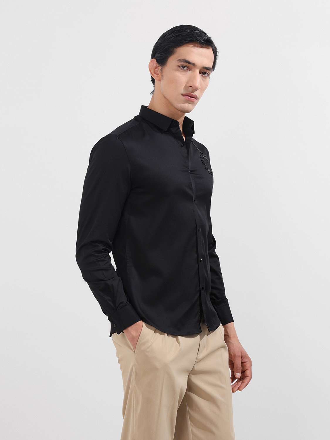 Image of The Indian Garage Co. Men Slim Fit Embellished Cut Away Collar Party Shirt