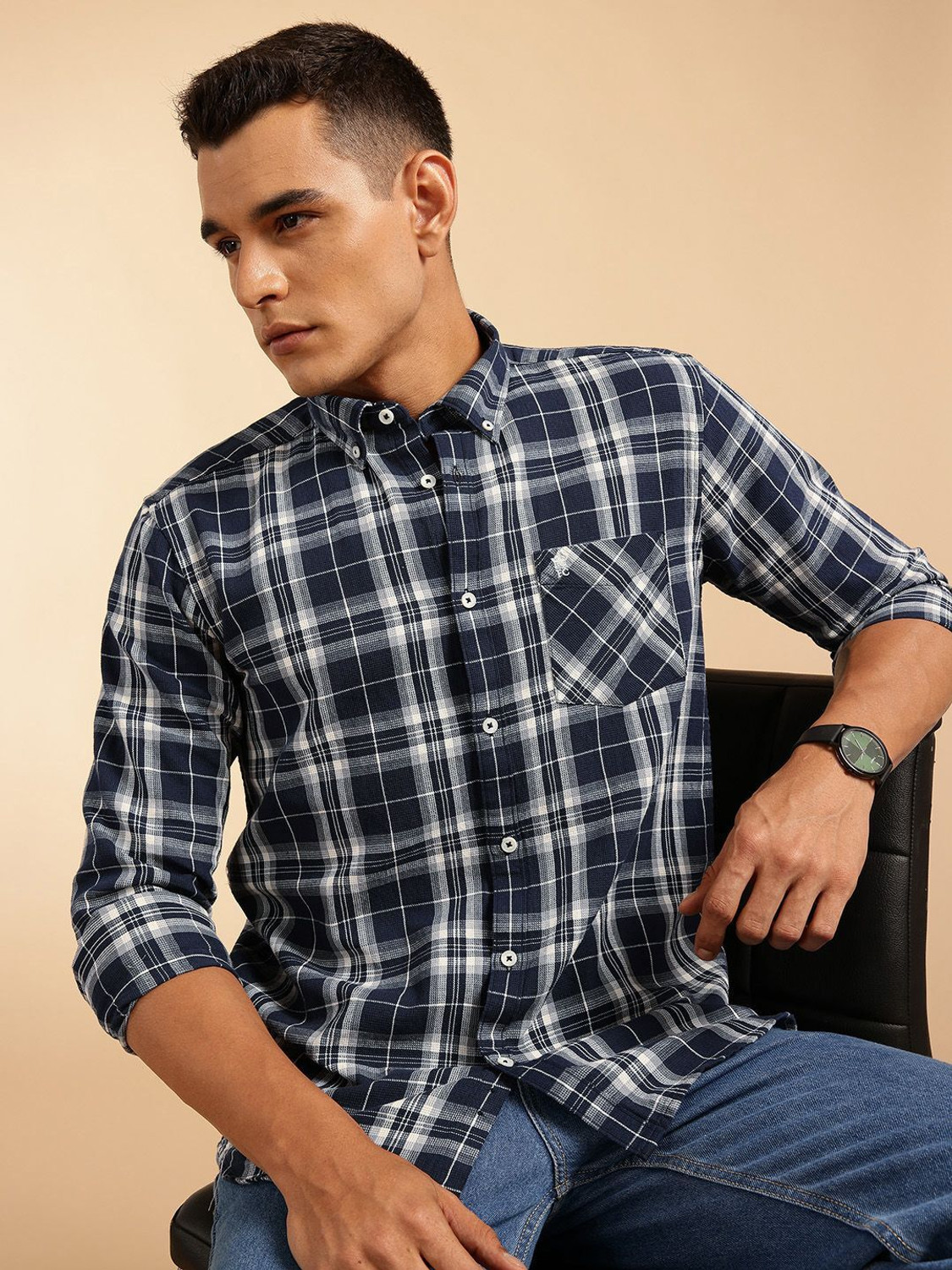 Image of French Connection Men Checkered Casual Blue Shirt