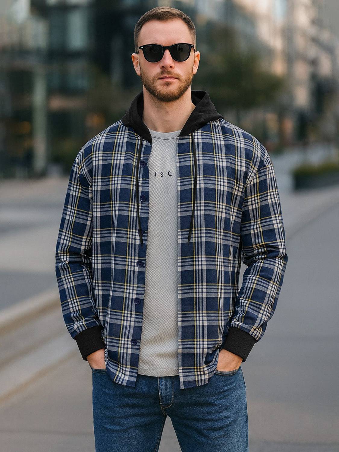 EyeBogler Men Regular Fit Checkered Hood Collar Casual Shirt