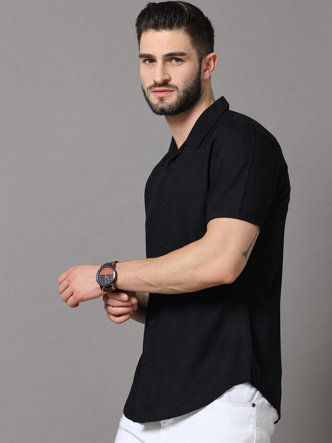 Image of HERE&NOW Men Solid Casual Black Shirt