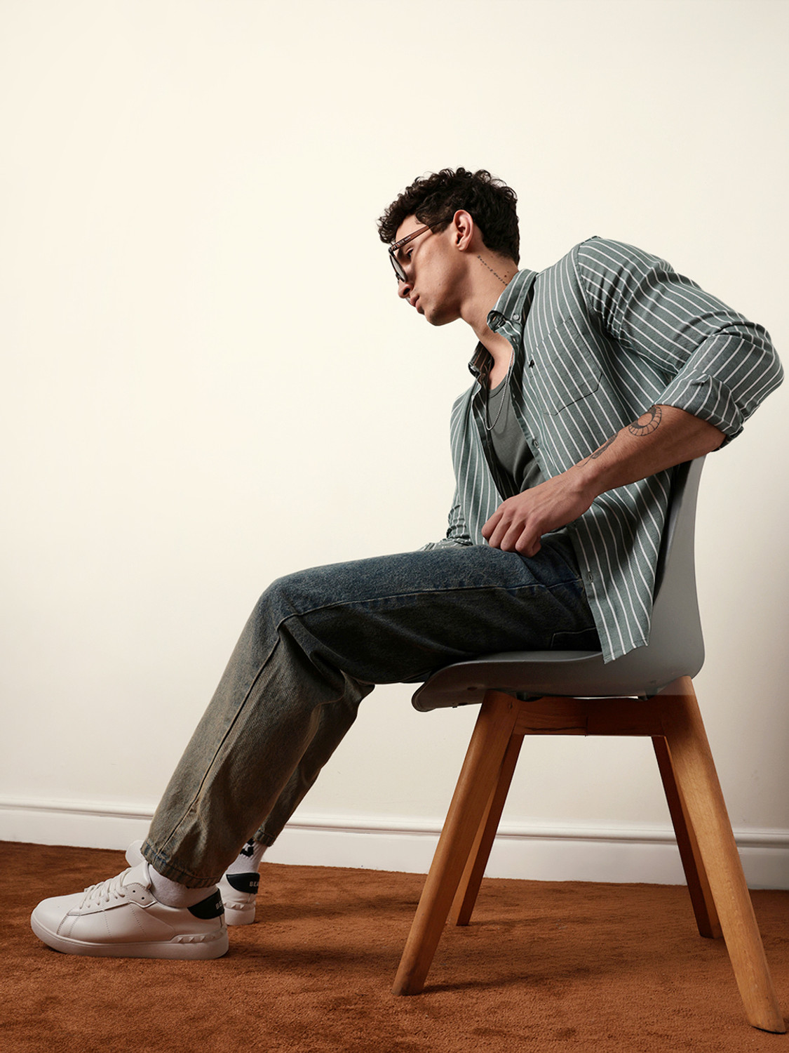 Image of THE BEAR HOUSE Men Striped Casual Green Shirt