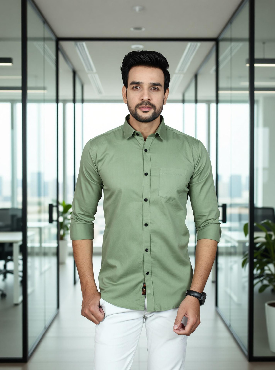 Image of Liza Martin Men Solid Formal Light Green Shirt
