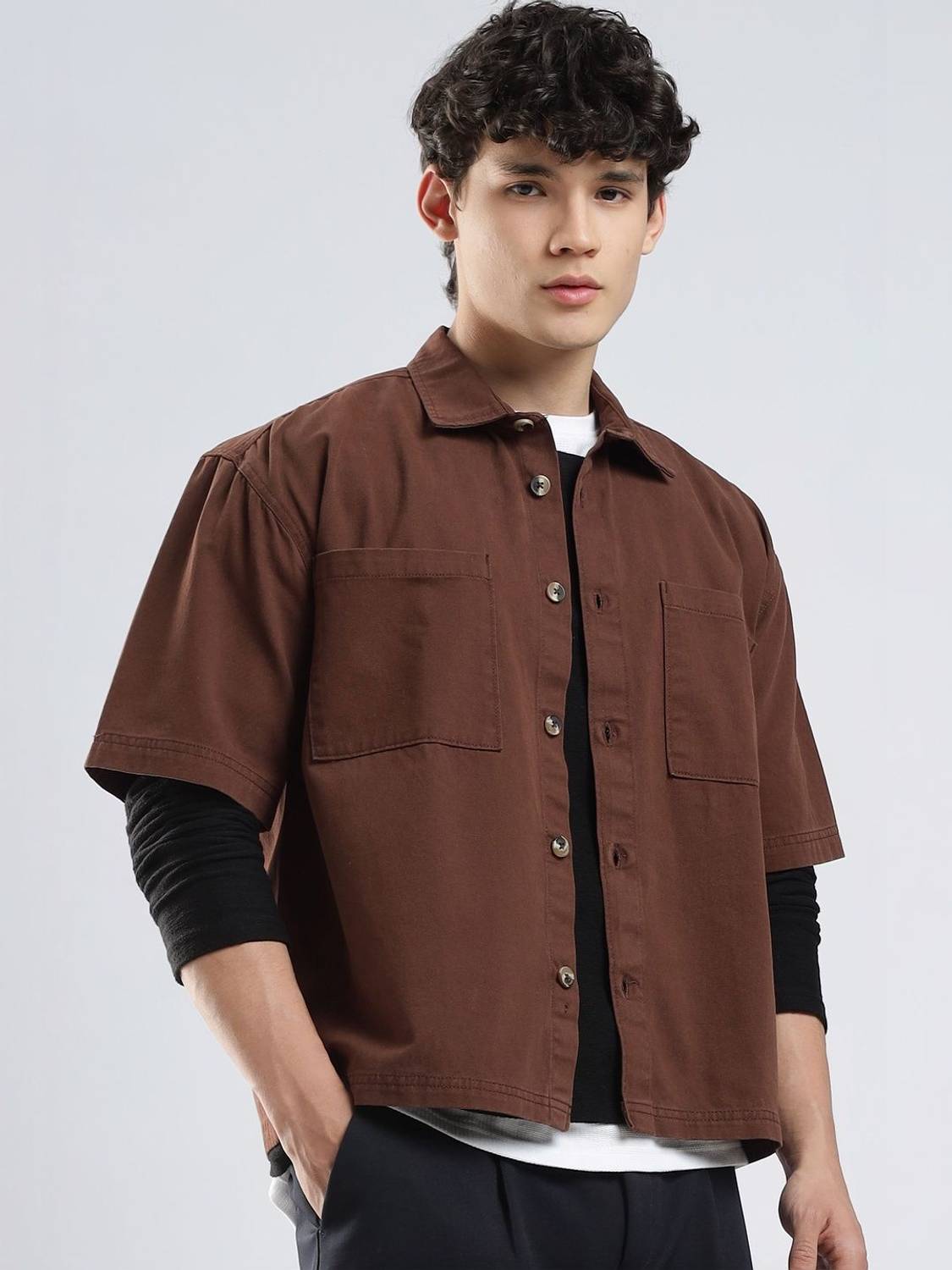 HERE&NOW Men Solid Casual Brown Shirt - Image 1