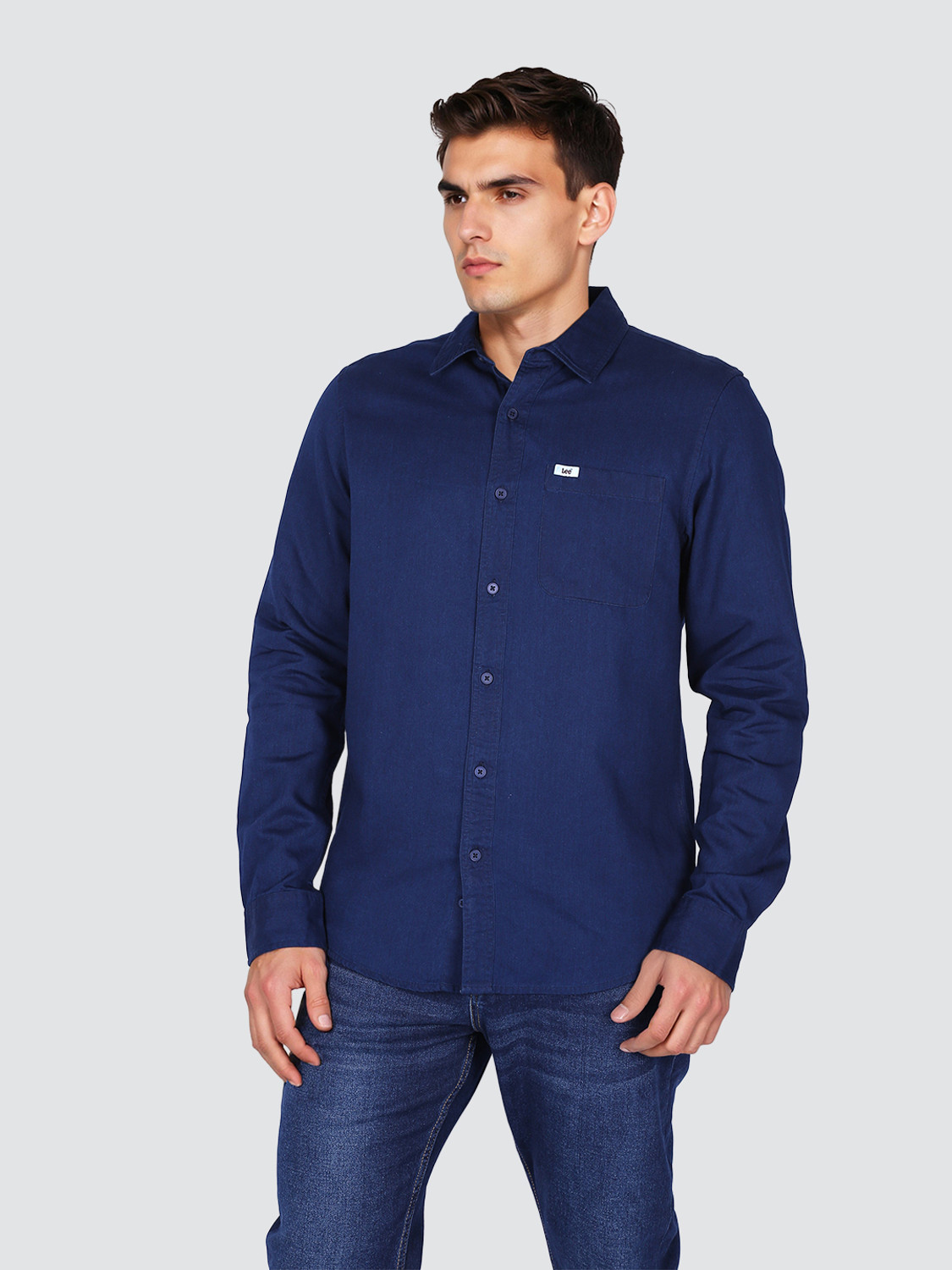 Image of LEE Men Solid Casual Dark Blue Shirt