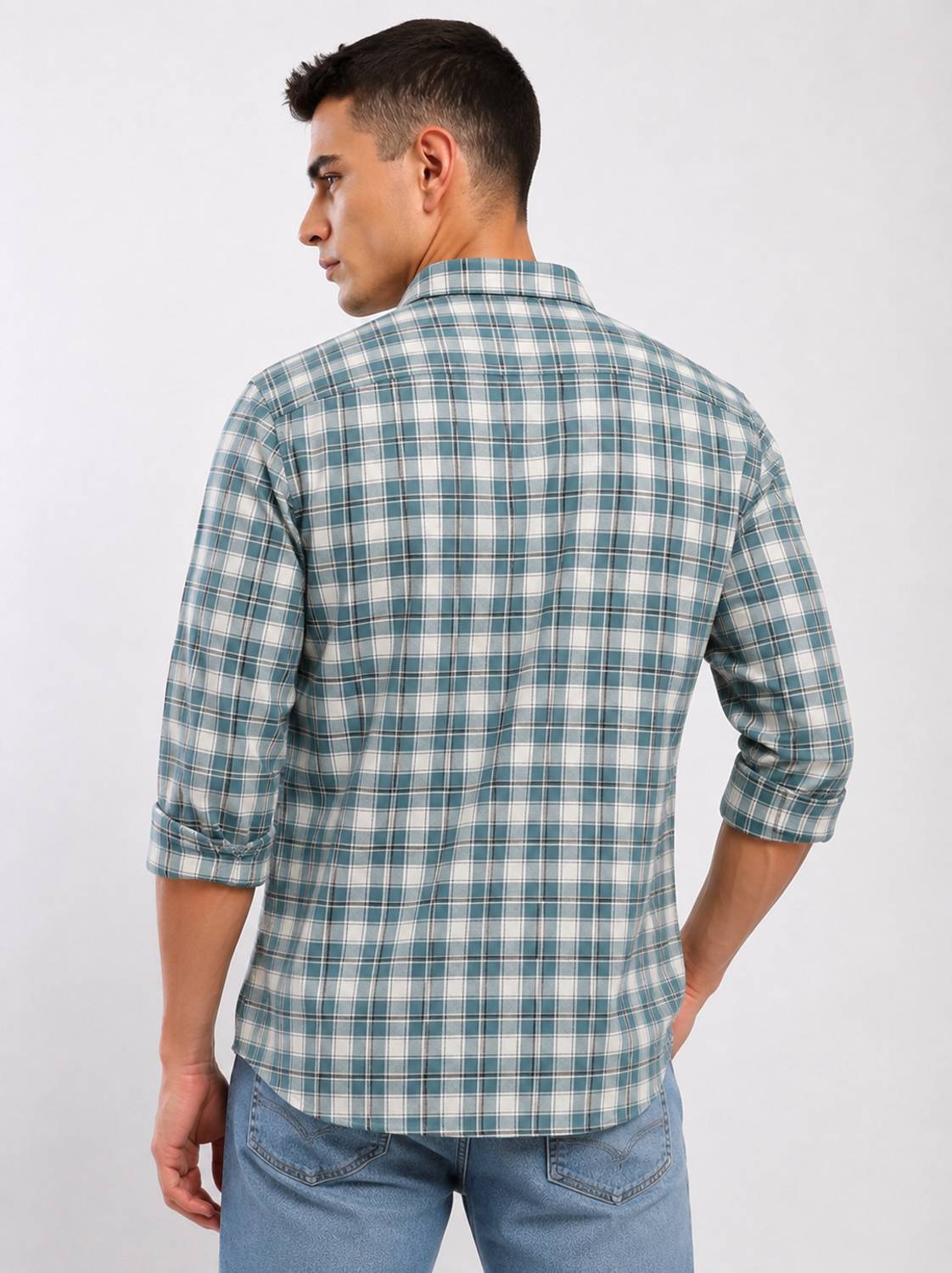 Roadster Men Checkered Light Blue, Cream Shirt - Image 2