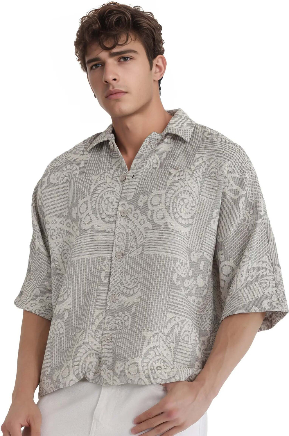 Image of RARE RABBIT Men Printed Casual Grey Shirt