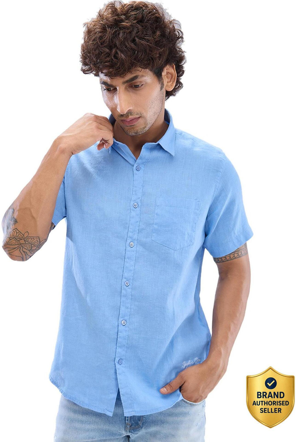 Image of Spykar Men Solid Casual Blue Shirt