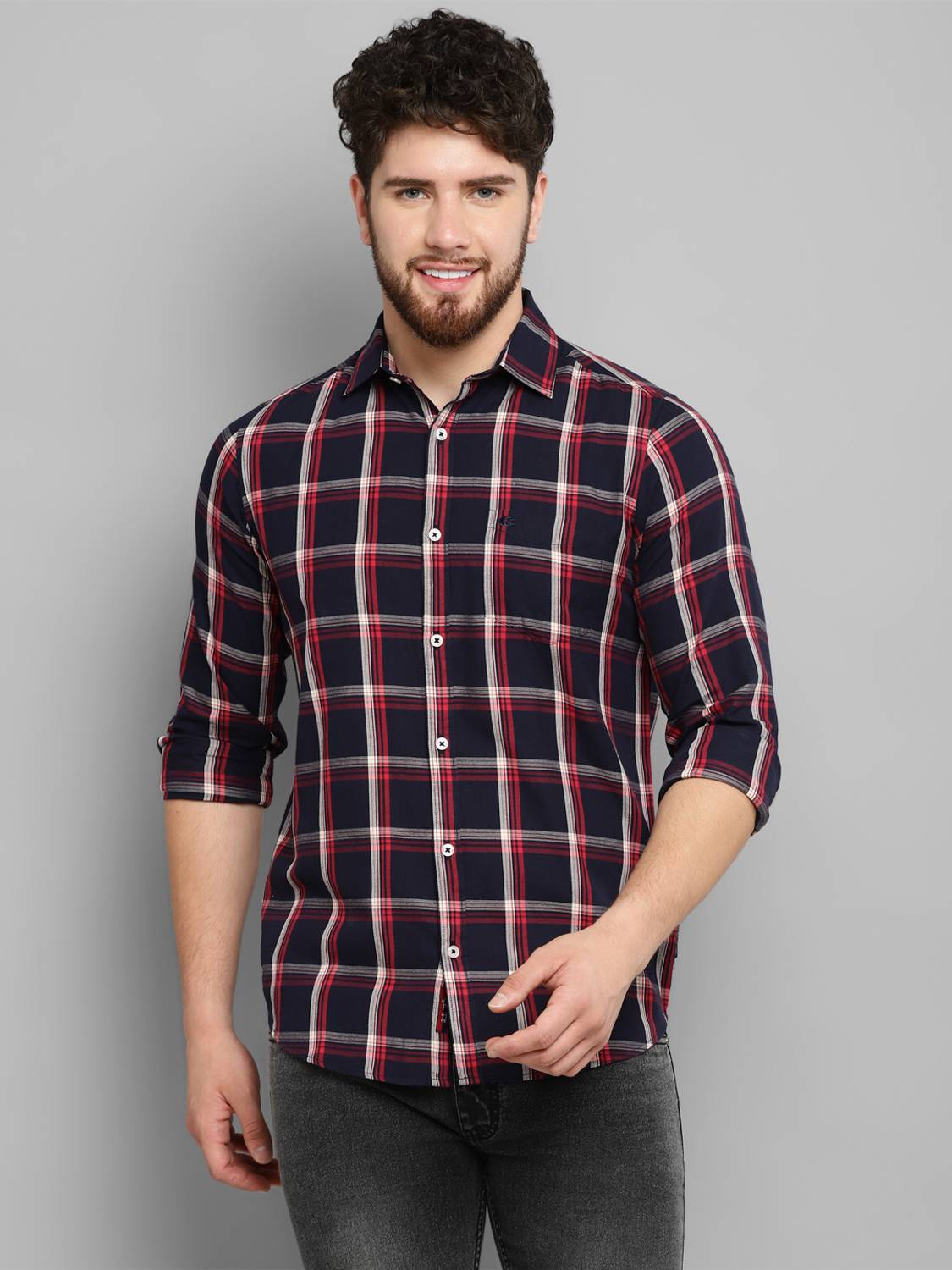 Allen Cooper Men Checkered Casual Blue Shirt