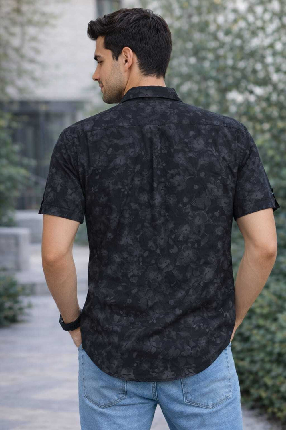Image of HKG Men Floral Print Casual Black Shirt