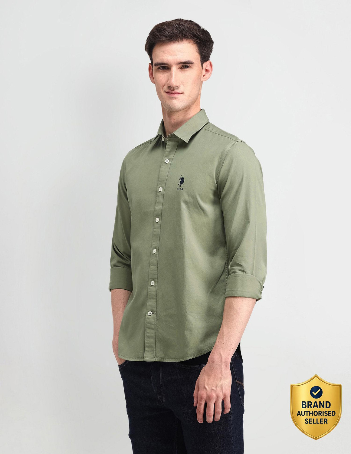 Image of U.S. POLO ASSN. Men Solid Formal Green Shirt