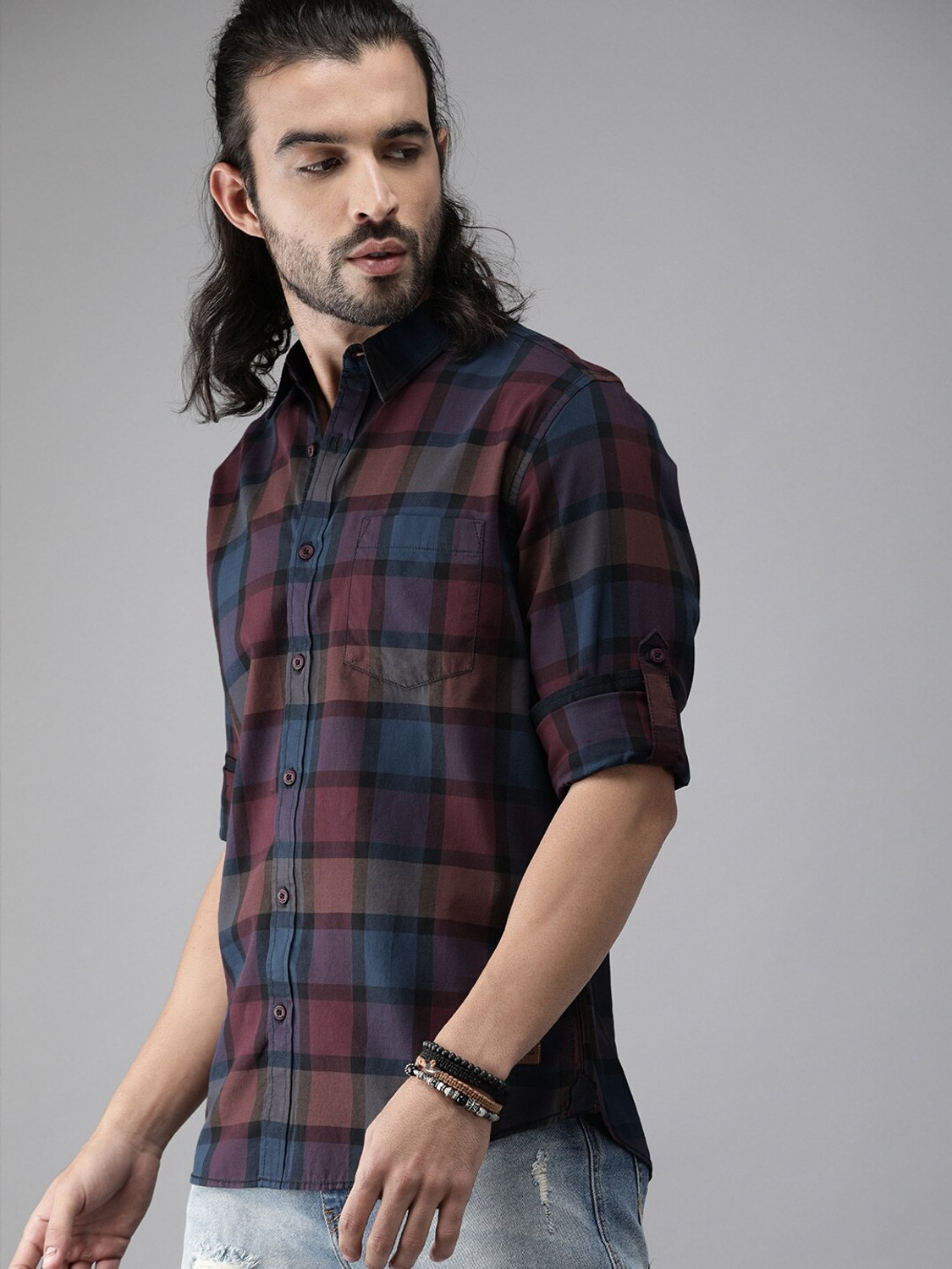 Image of Roadster Men Checkered Casual Maroon Shirt