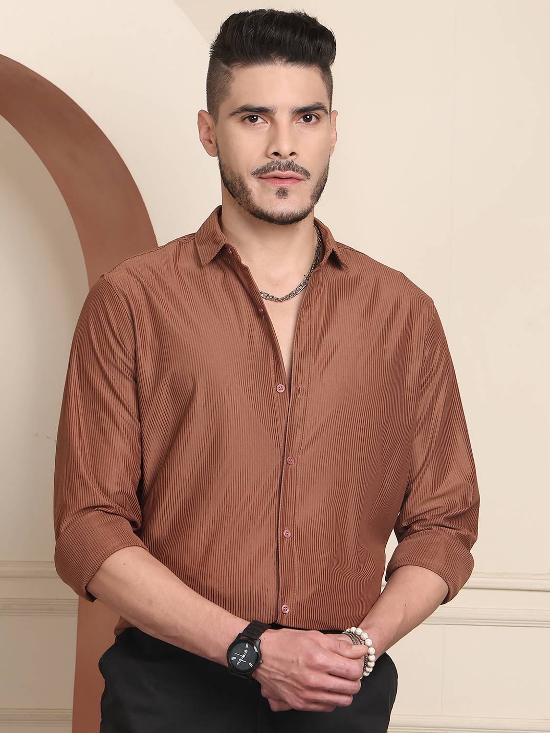 ANP BIHARIKA Men Self Design Casual Brown Shirt