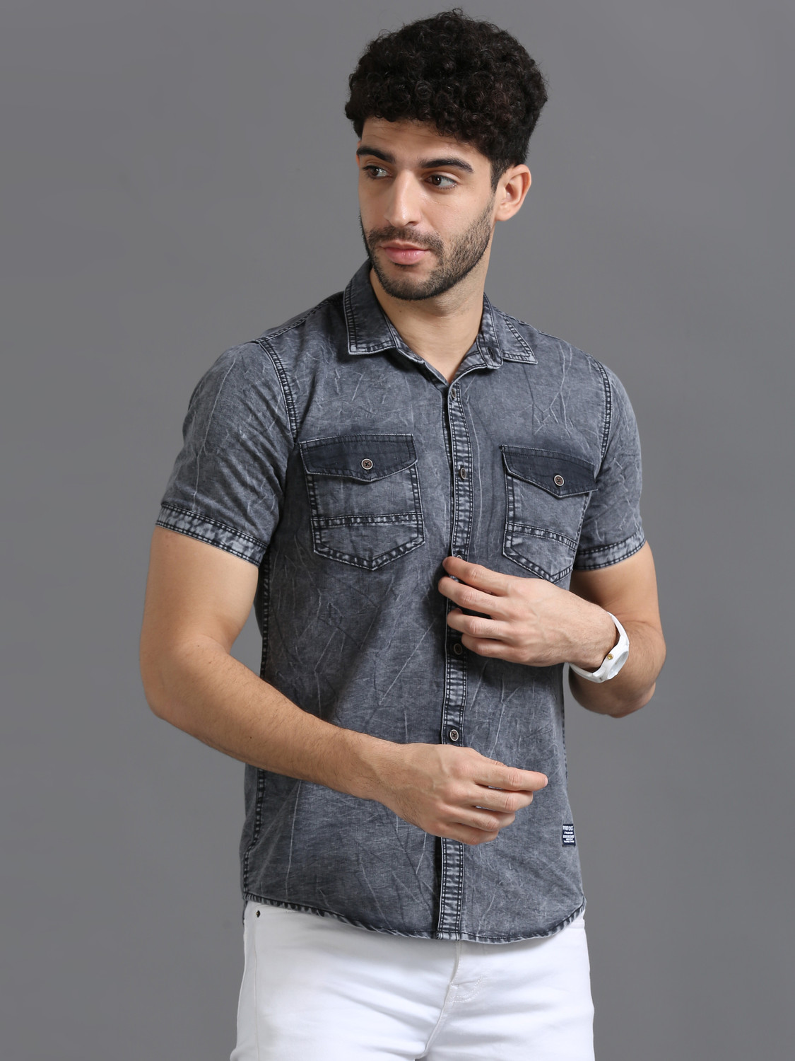 Image of PRINTOUT Men Solid Casual Grey Shirt