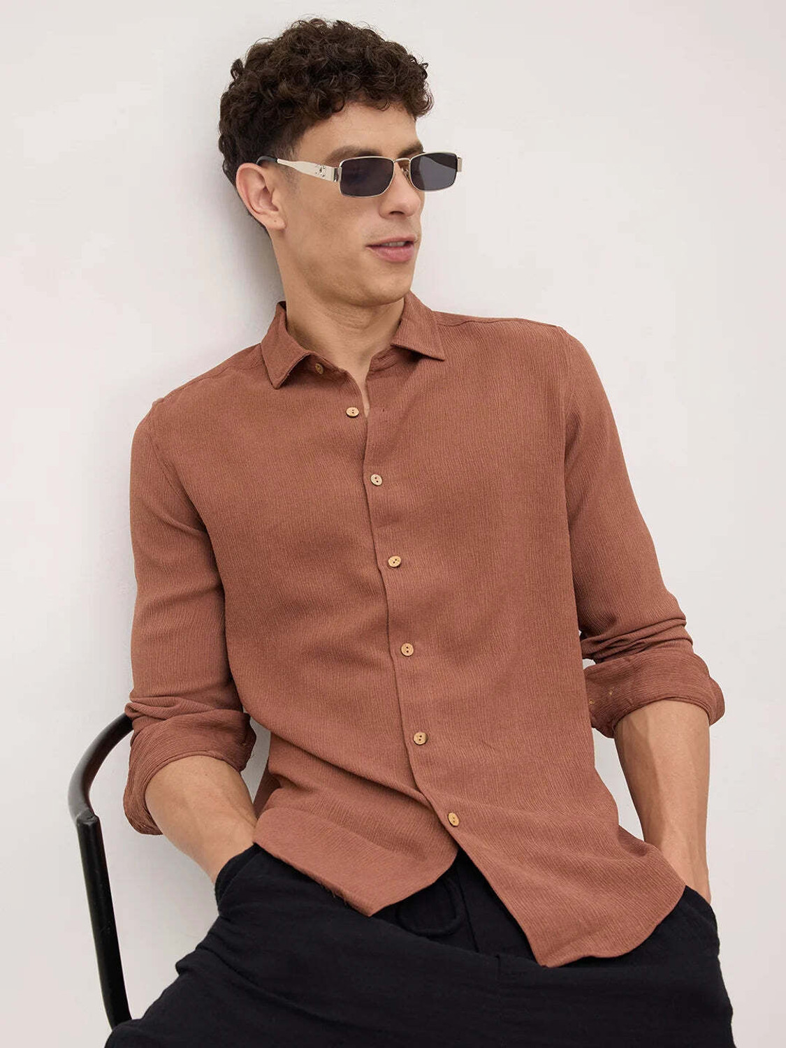 Image of VASTRADO Men Solid Casual Brown Shirt