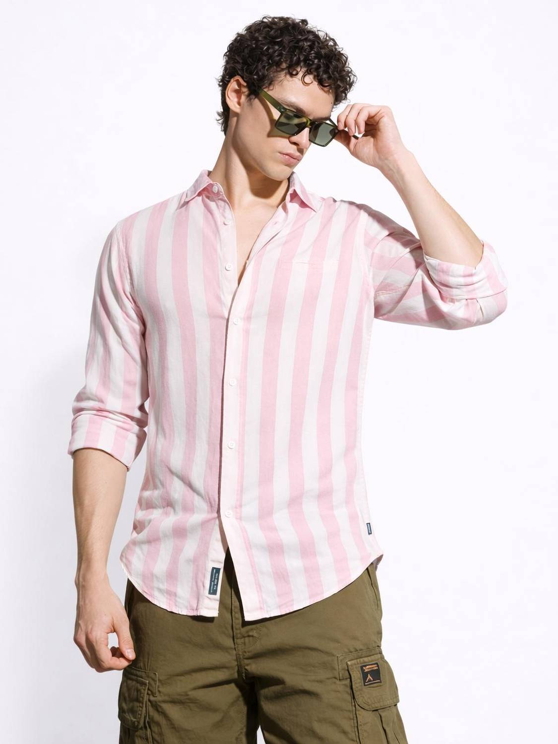 CAMBREEN Men Striped Casual White, Pink Shirt