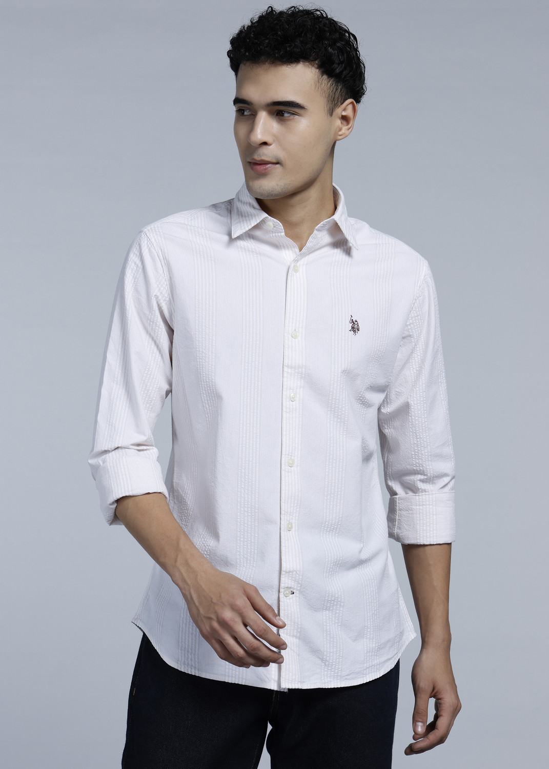 Image of U.S. POLO ASSN. Men Self Design Casual Beige Shirt