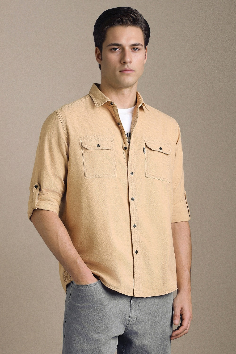 Image of LOUIS PHILIPPE Men Solid Casual Beige Shirt
