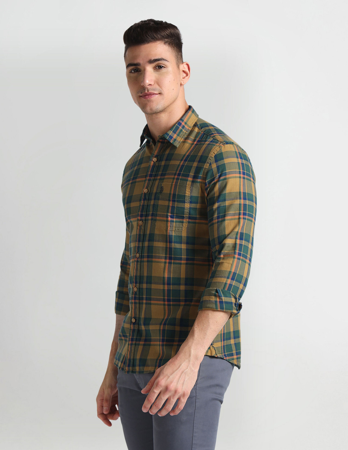 Image of U.S. Polo Assn. Denim Co. Men Checkered Casual Gold Shirt