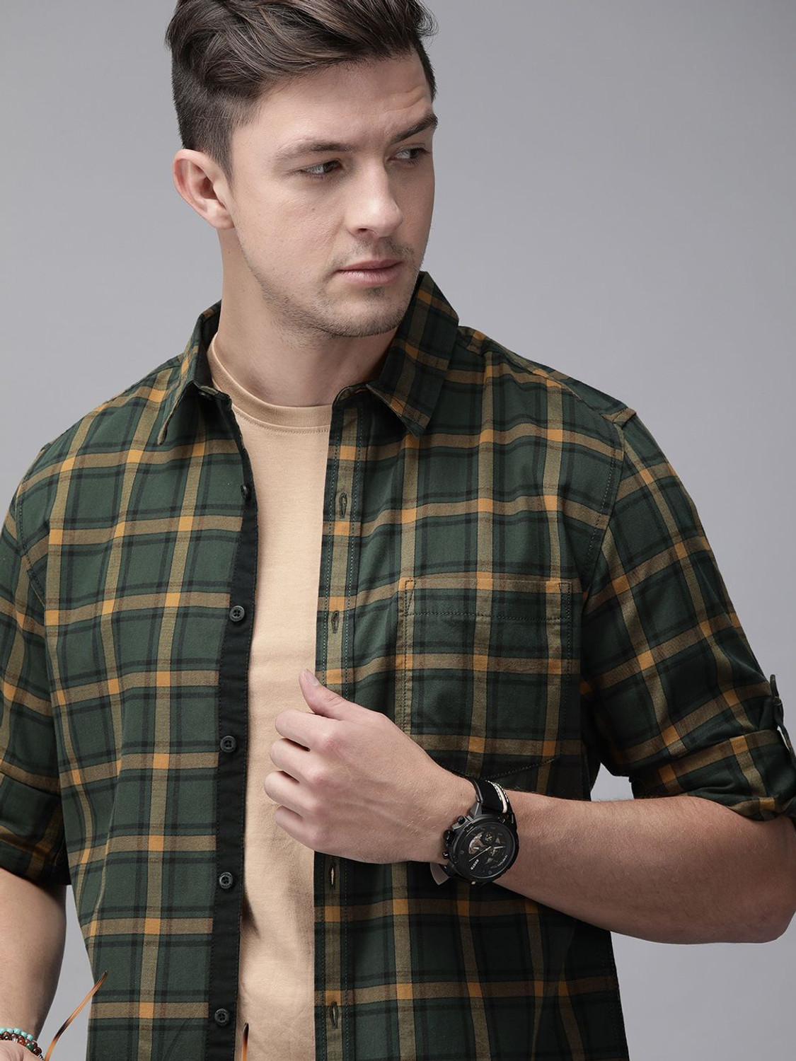 Image of Roadster Men Checkered Casual Green Shirt