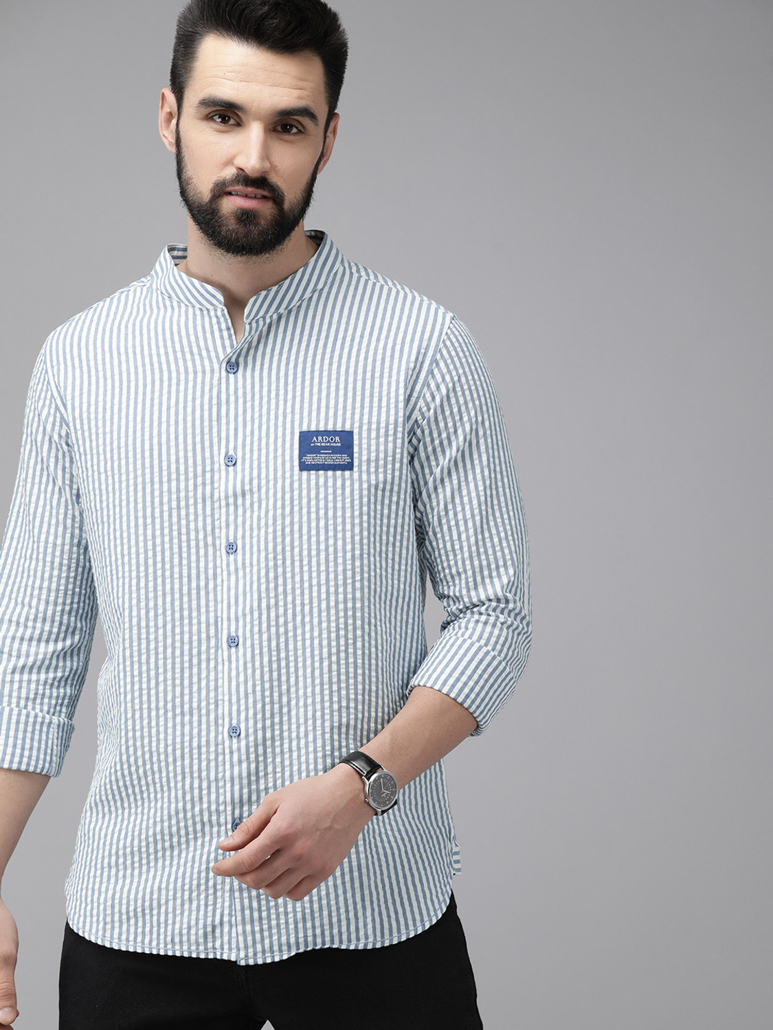Image of THE BEAR HOUSE Men Striped Casual Blue Shirt