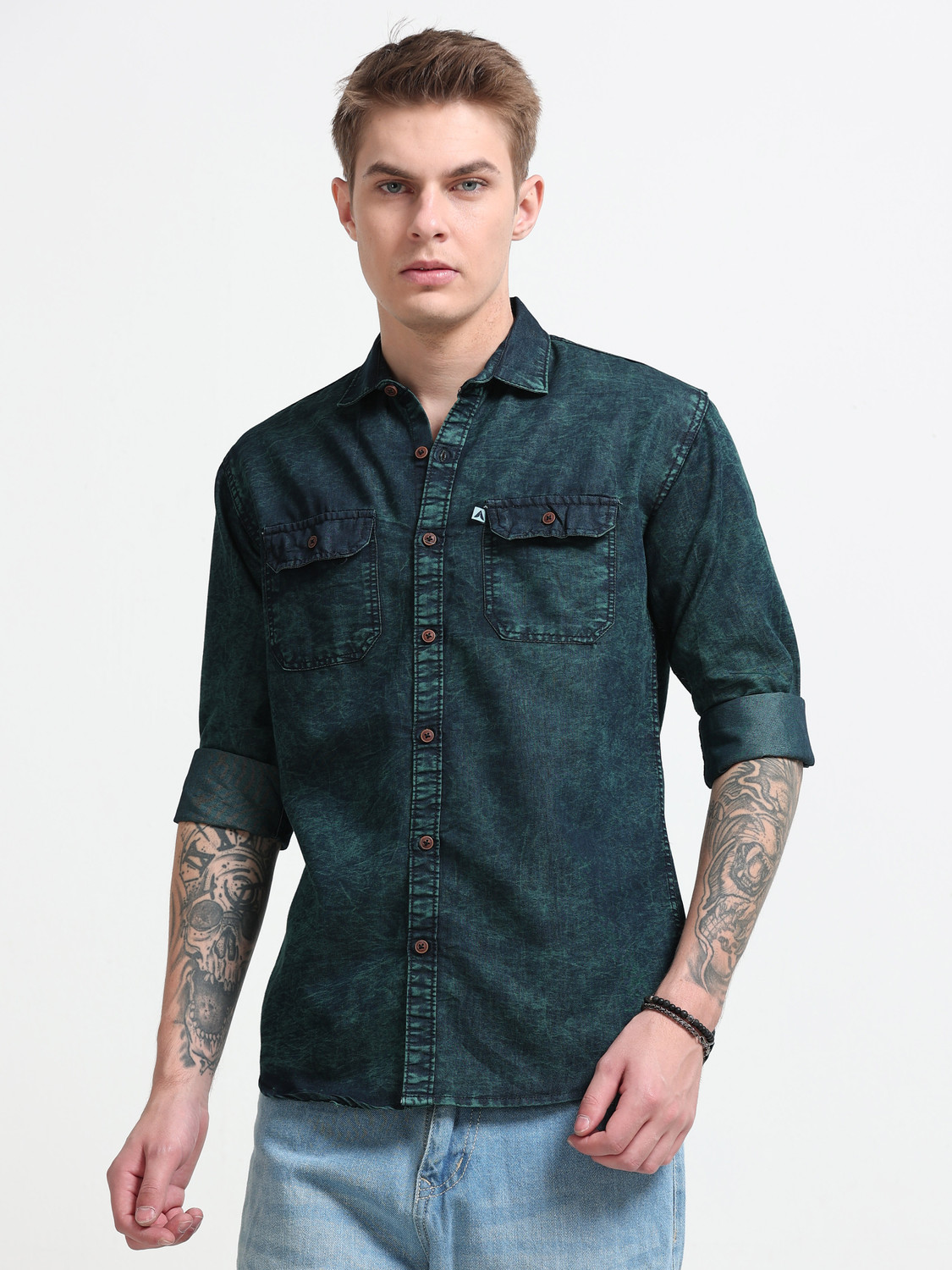 Image of AIDAN PAUL Men Washed Casual Dark Green Shirt