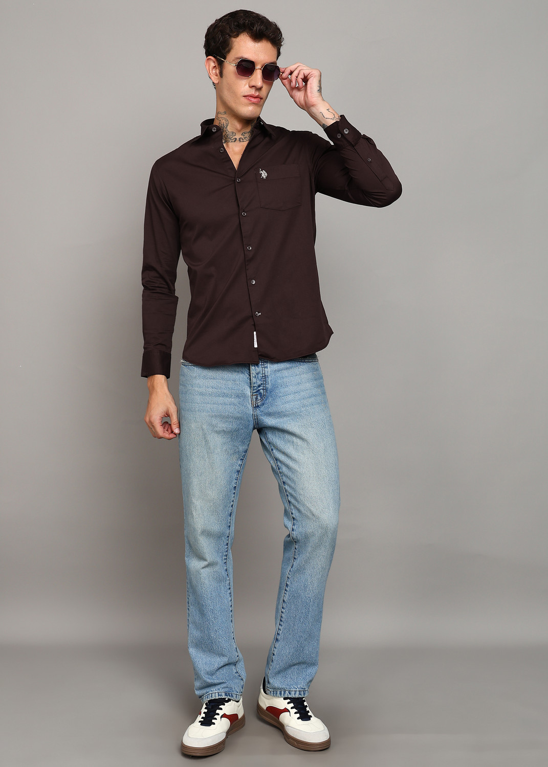 Image of U.S. POLO ASSN. Men Tailored Fit Solid Cut Away Collar Casual Shirt