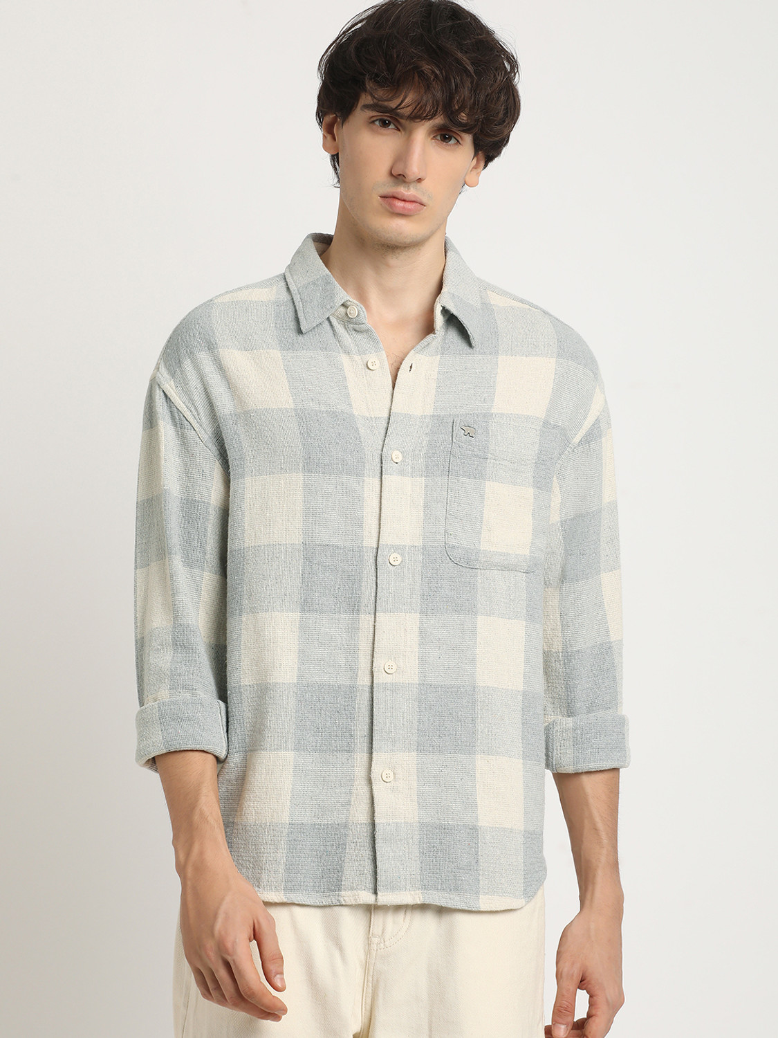 Image of THE BEAR HOUSE Men Checkered Casual Grey Shirt
