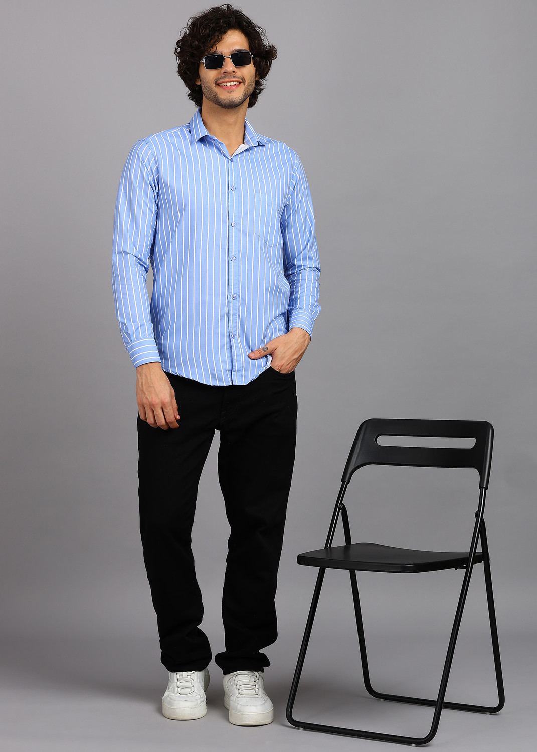 Image of RODEIZ Men Striped Casual Blue Shirt