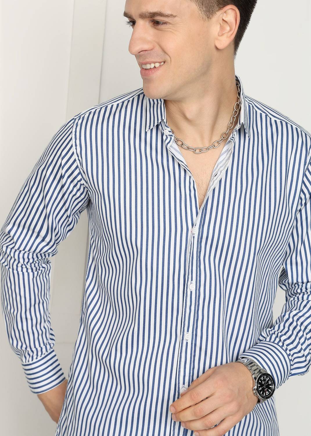 METRONAUT Men Striped Blue Shirt - Image 5