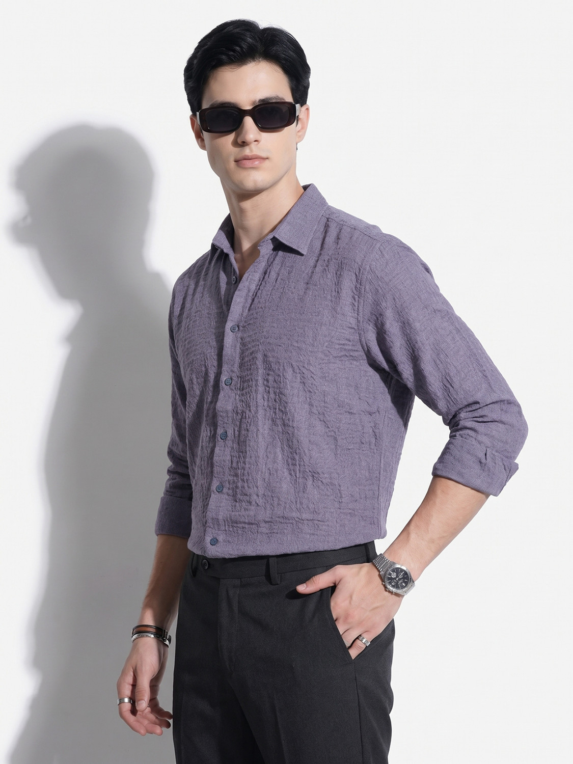 Image of HIGHLANDER Men Self Design Casual Grey Shirt