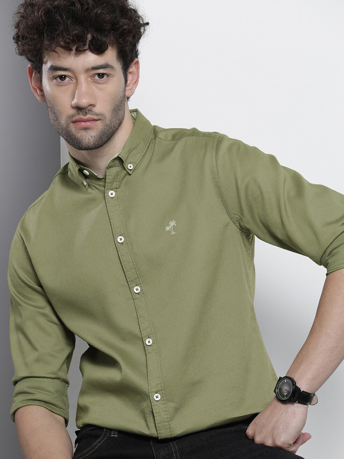 Image of The Indian Garage Co. Men Embroidered Casual Green Shirt