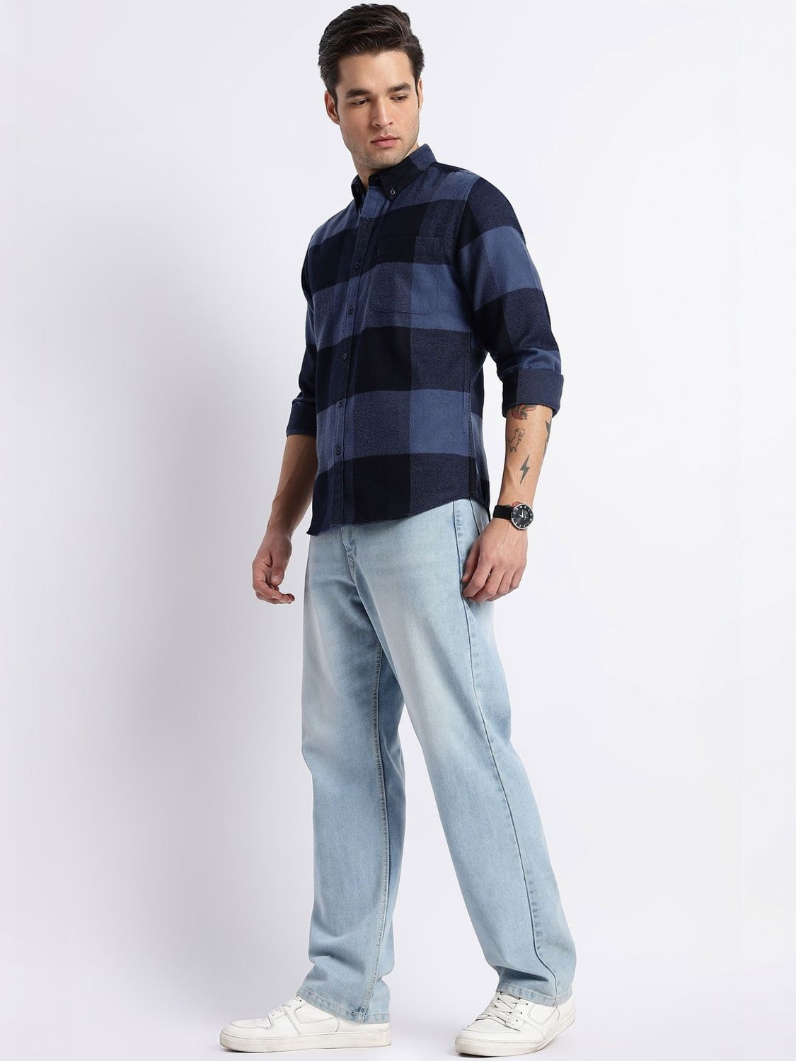 Image of HERE&NOW Men Checkered Casual Blue Shirt