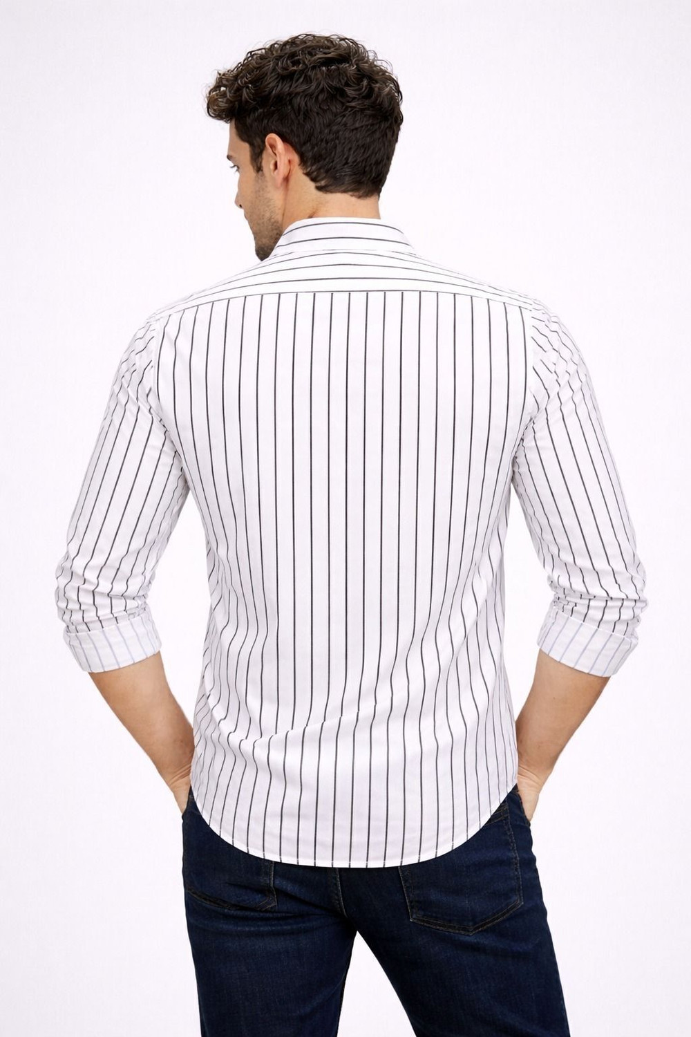 Image of CAMBREEN Men Striped Casual White Shirt