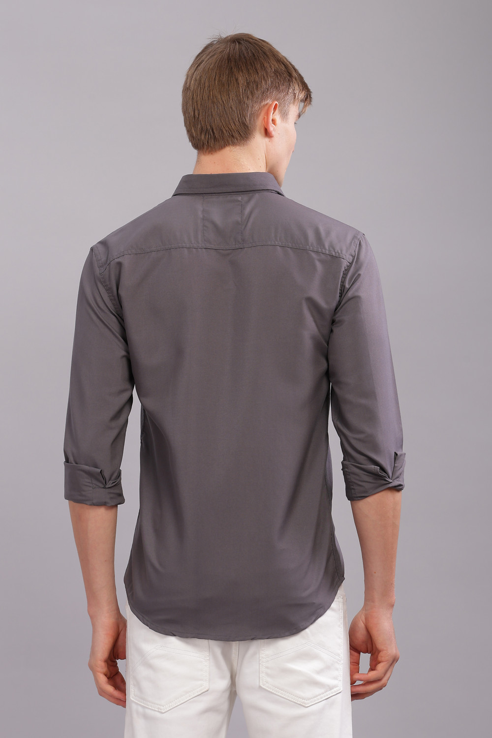Image of Uzmax Men Solid Casual Grey Shirt