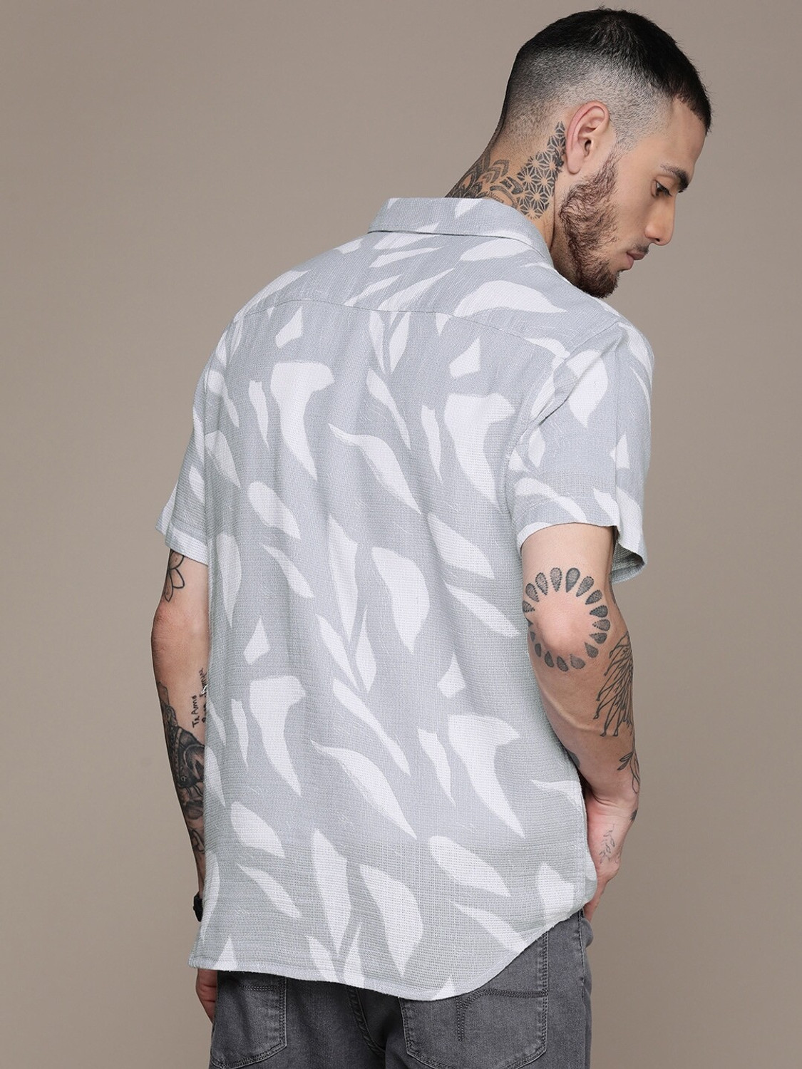 Image of WROGN Men Printed Casual Grey Shirt