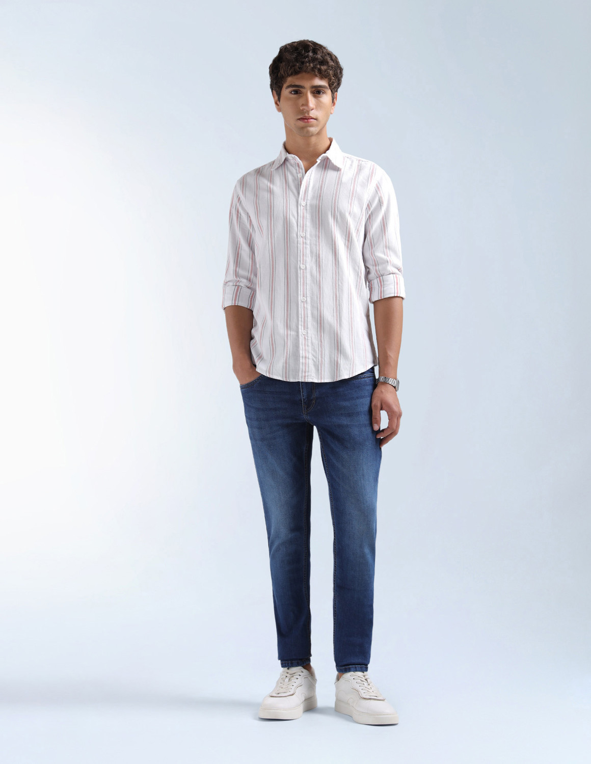 Image of FLYING MACHINE Men Striped Casual White Shirt