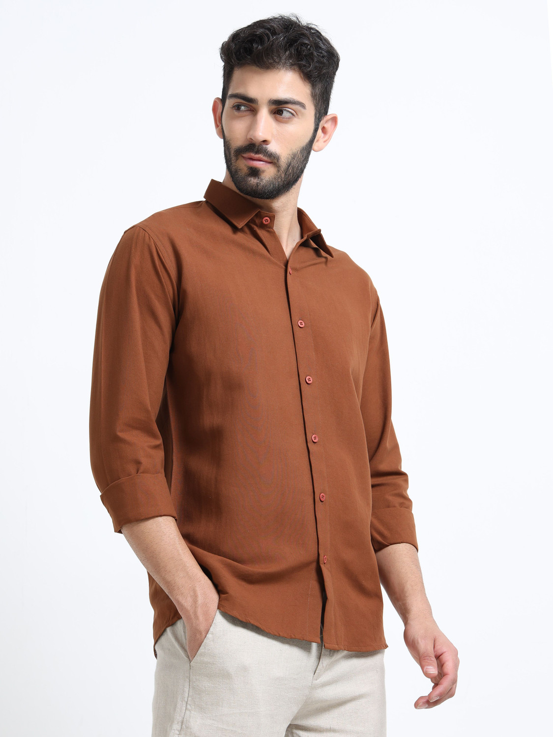 Image of METRONAUT Men Solid Casual Brown Shirt