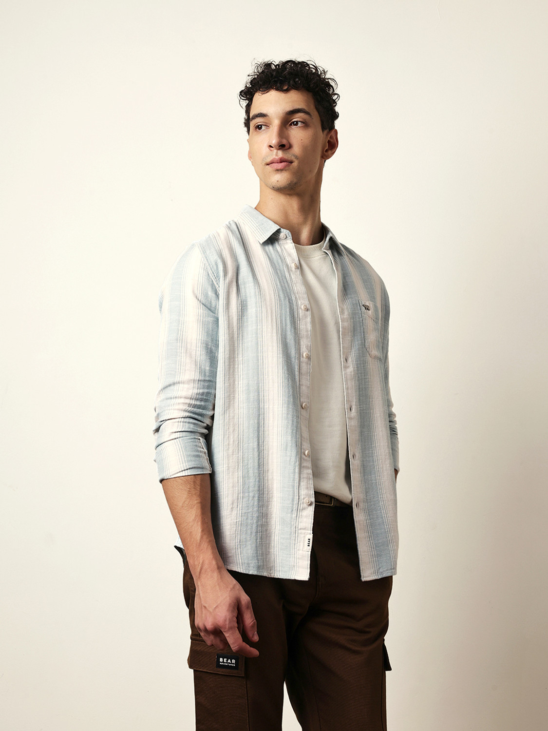Image of THE BEAR HOUSE Men Striped Casual Green Shirt