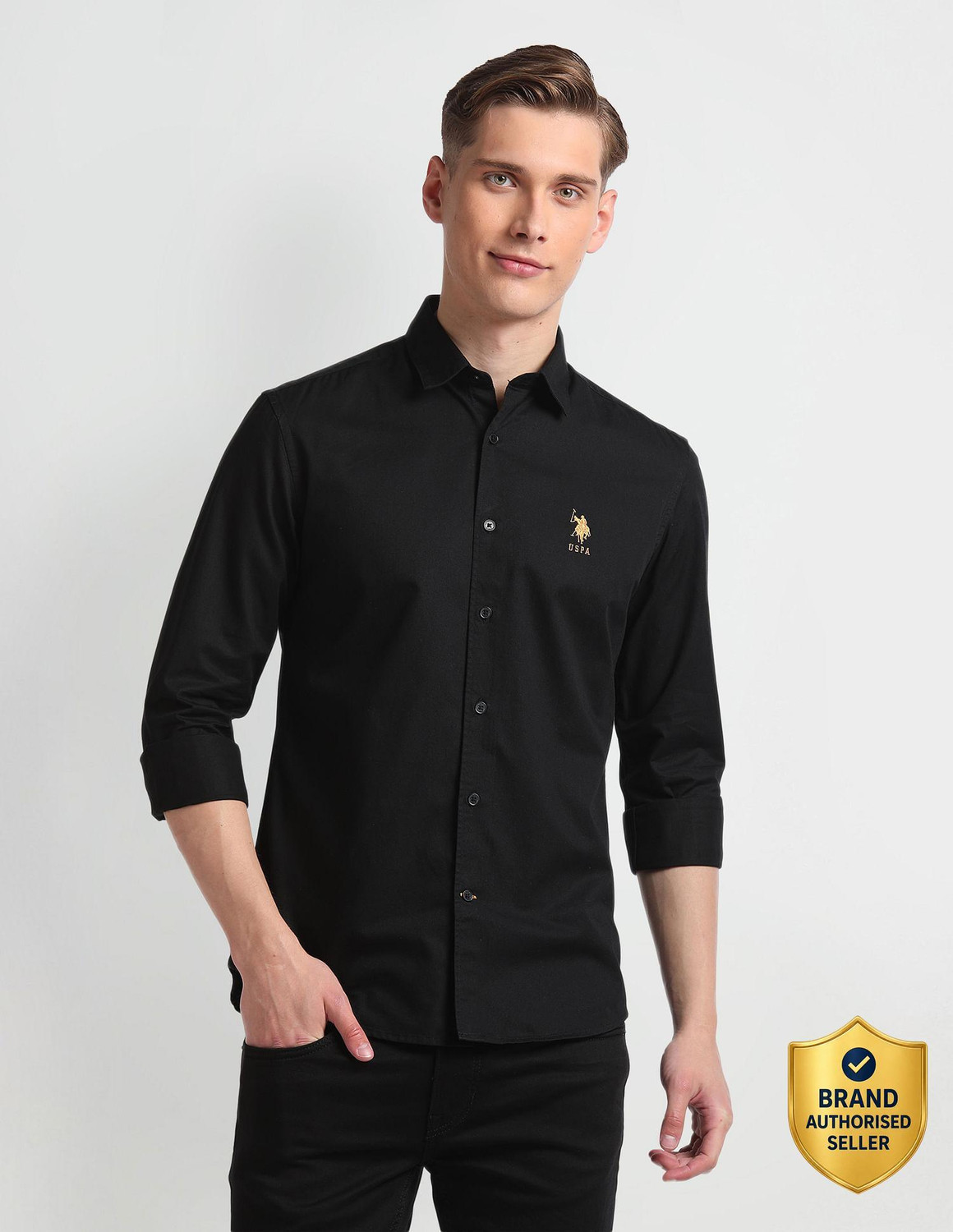 Image of U.S. POLO ASSN. Men Solid Casual Black Shirt