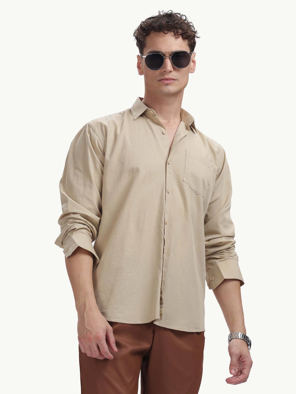 BLUE SQUAD Men Solid Casual Beige Shirt