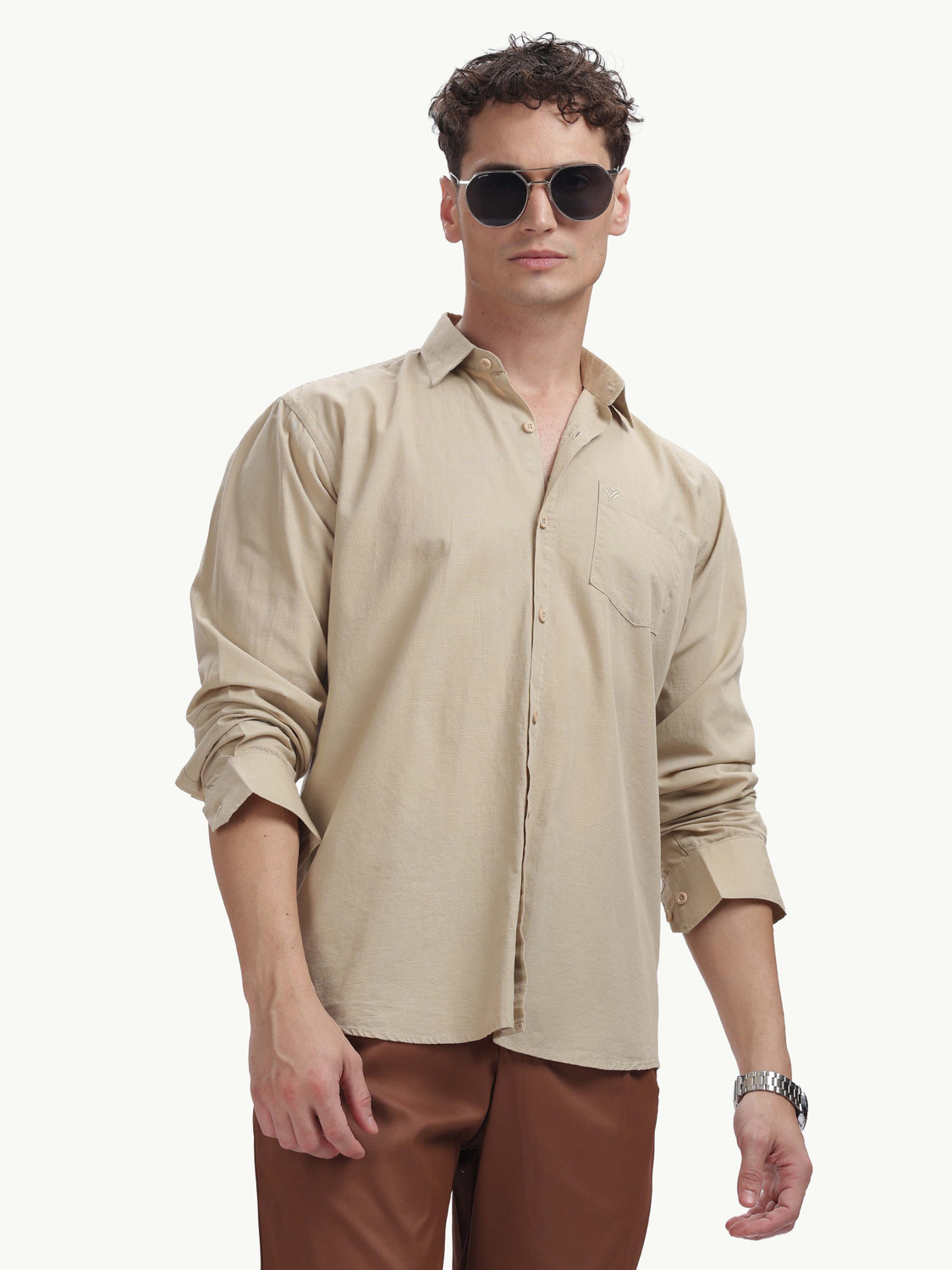 Image of BLUE SQUAD Men Solid Casual Beige Shirt