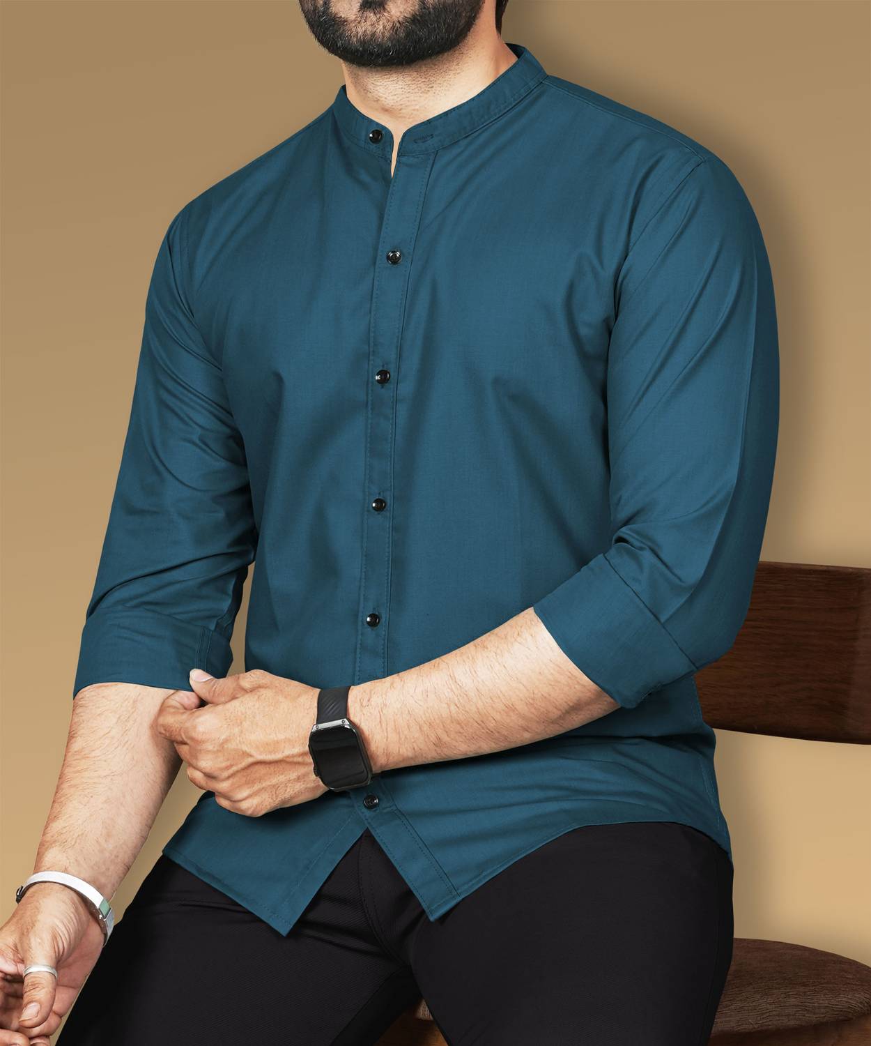 VeBNoR Men Regular Fit Solid Mandarin Collar Casual Shirt
