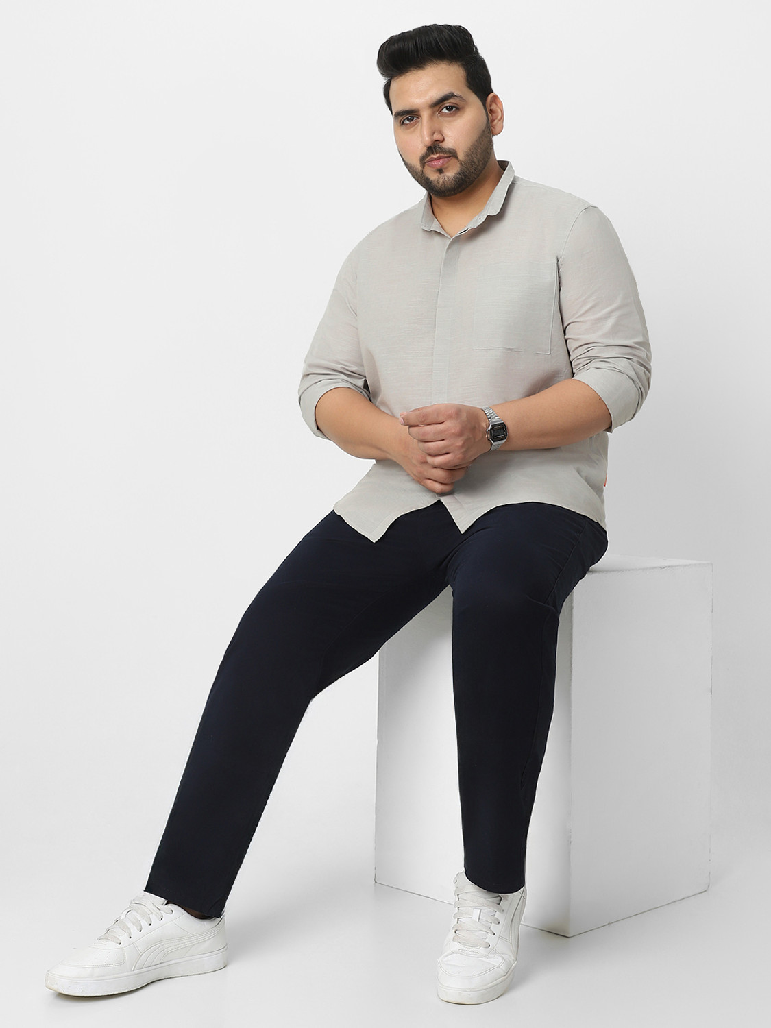 Image of Urbano Plus Men Solid Casual Grey Shirt