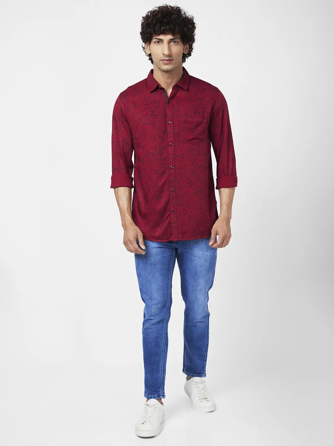 Image of Spykar Men Printed Casual Red, Black Shirt
